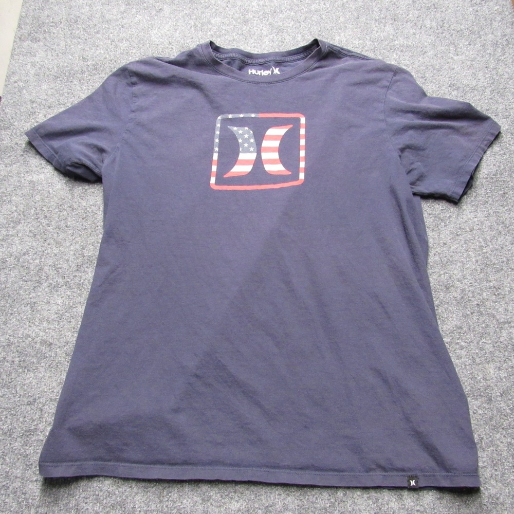 Hurley Mens T-Shirt Large Blue Graphic Tee American Flag Logo Short Sleeve